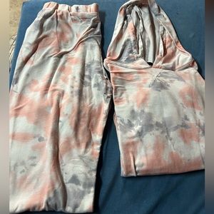 Matching pink and white sweats and sweatshirt